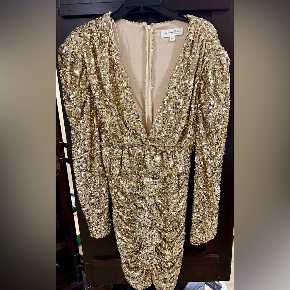 Amable by Mable Sequin Gold Dress Plunge Neck Long Sleeve